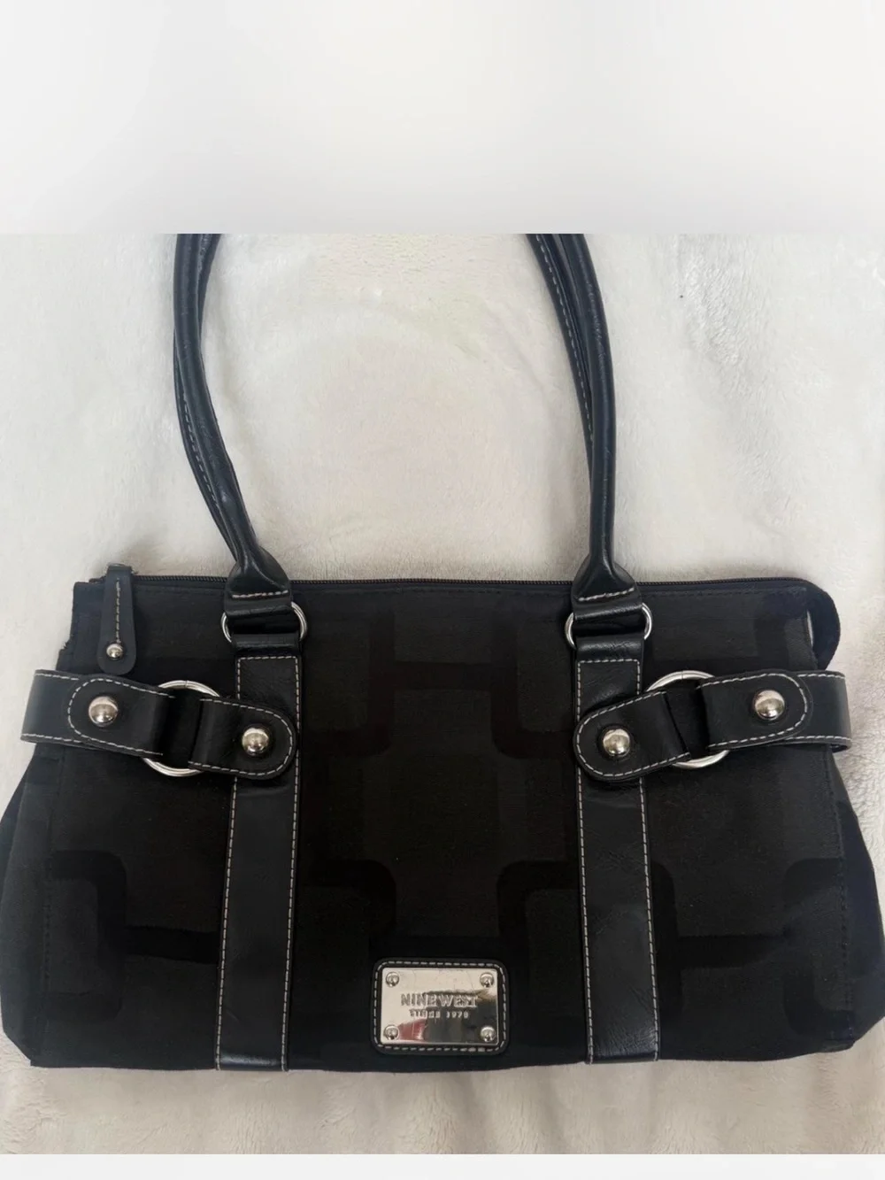 Vintage Nine West Black Leather Trim City/Office Bag w/ Silver Hardware